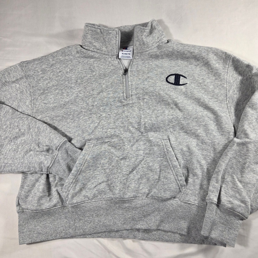 Champion Gray Quarter Zip Sweatshirt XL Fleece Pullover Mock Neck Logo Pocket